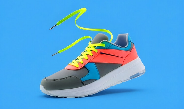 Parlak mavi arka planda, neon sarı bağcıkları üzerinde asılı duran renkli 3D işlenmiş spor ayakkabı.