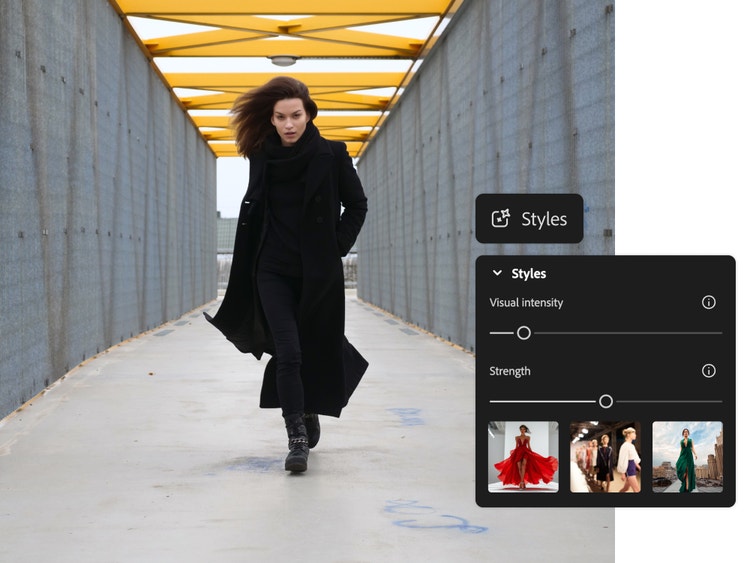 Yapay zeka destekli görüntü oluşturucuda görüntü stili paneliyle birlikte binalar arası geçiş koridorunda yürüyen bir kadının yapay zeka ile oluşturulmuş fotoğraf gerçekçiliğinde görüntüsü