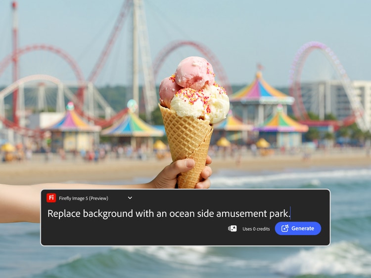 Dondurma topları olan bir külah tutan bir el ve arka planı deniz kenarındaki bir lunaparkla değiştirmek için kullanılan yapay zeka destekli fotoğraf düzenleyici metin istemi.