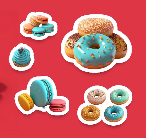 Aynı renk paletindeki kurabiye, donut ve kek görüntüleri görsel olarak uyumlu bir çıkartma koleksiyonuna dönüştürülüyor.