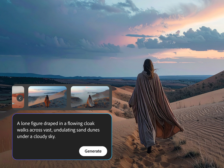 Firefly Panolar'da ilişkili metinden video istemiyle oluşturulmuş, bulutlu bir gökyüzünün altındaki kum tepecikleri üzerinde tek başına duran bir figürün görüntüleri.