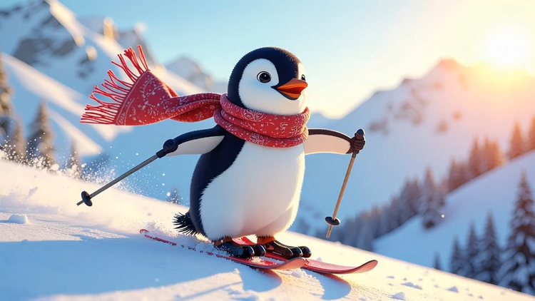 Yapay zeka destekli animasyon oluşturucu ile yapay zeka tarafından oluşturulan dağlarda kayak yapan karikatür penguen görüntüsü