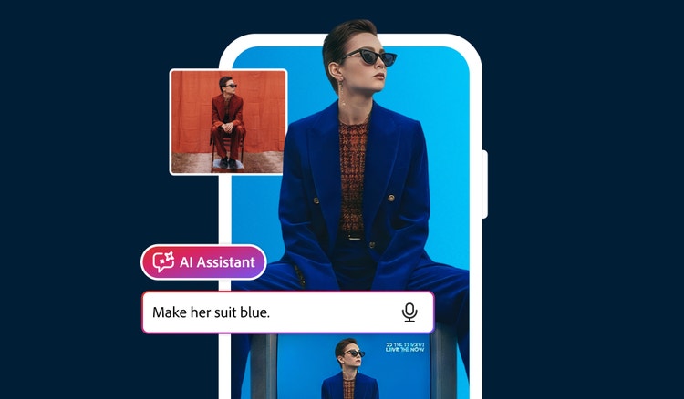 Adobe Photoshop Yapay Zeka Asistanı, "Takım elbisesini mavi yap" gibi basit bir istemle bir kadının turuncu takım elbisesini hızla maviye dönüştürmek için kullanılıyor.
