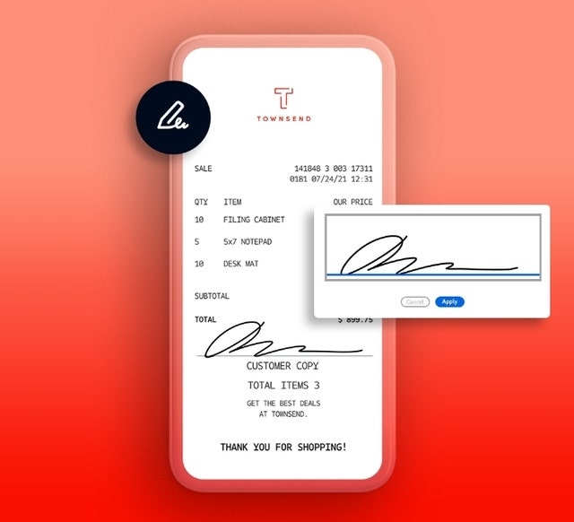 An image of an itemized receipt being electronically signed on a mobile phone using Adobe Acrobat Sign.