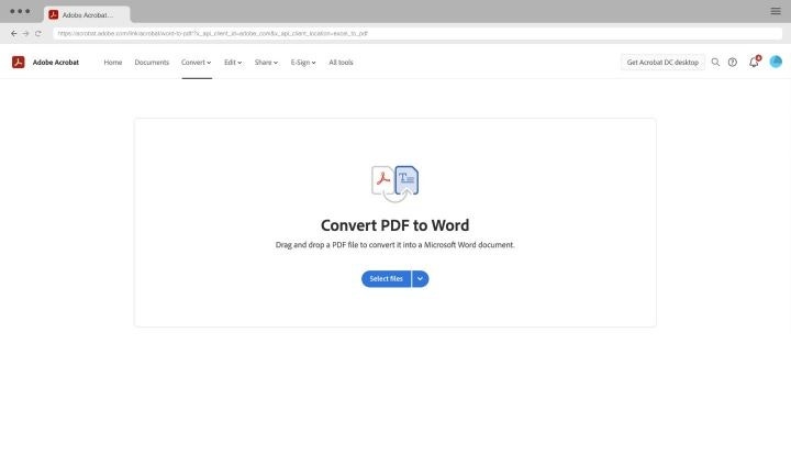 A browser window prompting the conversion of PDF to Word using Adobe Acrobat