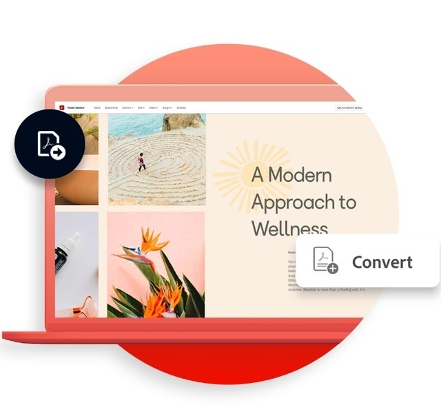 Social media content being mocked up on a laptop and converted to a PDF in Adobe Acrobat with icon overlaid