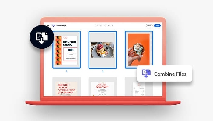 A graphic combining PDF files together in Adobe Acrobat on a laptop computer