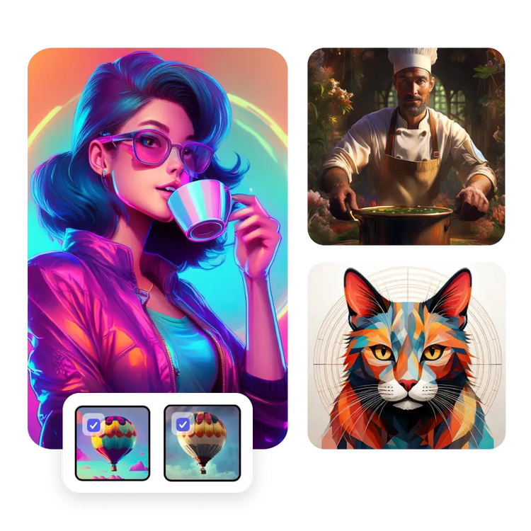 一位女士啜飲咖啡，旁邊一位廚師在煮湯，還有一隻抽象畫風的貓的影像，利用 Adobe Express 產生