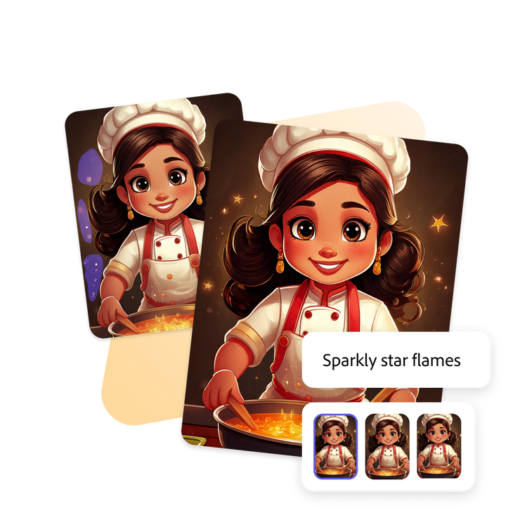 動畫風格的廚師和一鍋湯的影像，利用 Adobe Express 產生