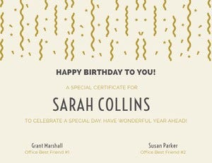 Gold Birthday Certificate from Friends with Confetti Birthday Certificate