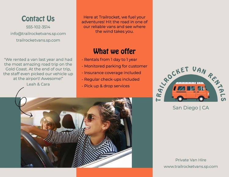 Beige, Orange & Green Van Rentals Brochures