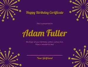 Purple and Gold Birthday Certificate from Girlfriend with Fireworks Birthday Certificate