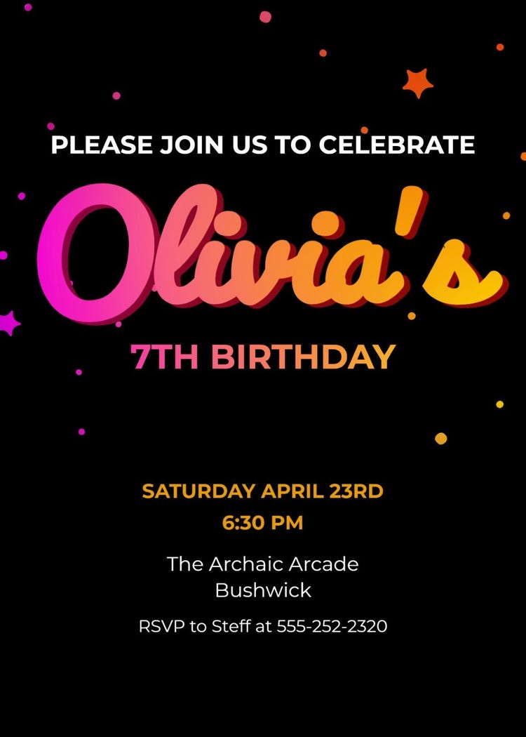 Colorful Fun 7th Birthday Party Invitation