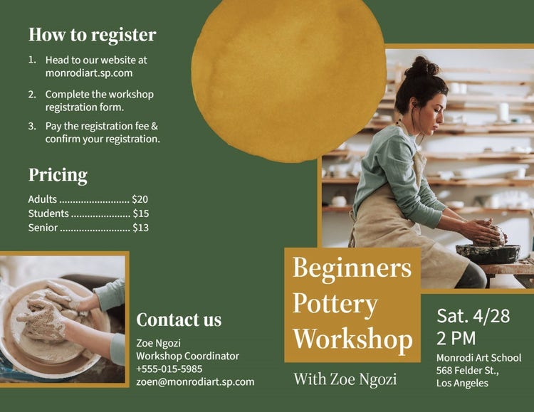 Green & Gold Elegant Pottery Workshop Bifold Pamphlet