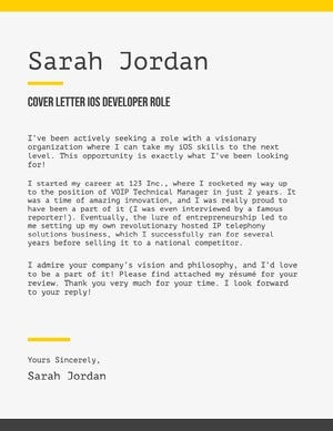 Yellow Black and White IOS Developer Role Cover Letter Cover Letter