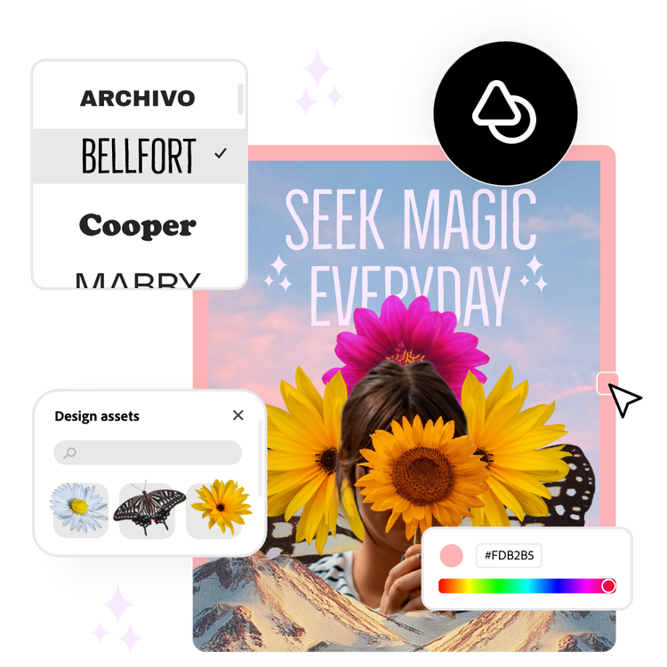 Icons, graphic elements and a colorful poster featuring a person and flowers in the background.