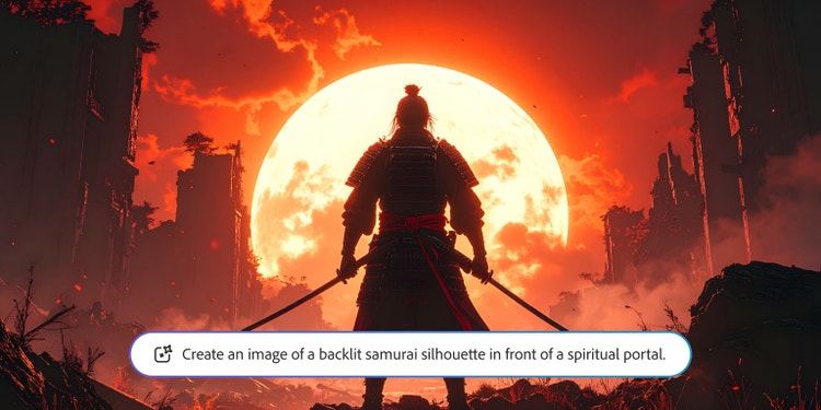 AI 產生影像顯示廢墟景觀中背光武士剪影與發光圓形傳送門，並在影像上疊加描述場景的 Firefly 提示。