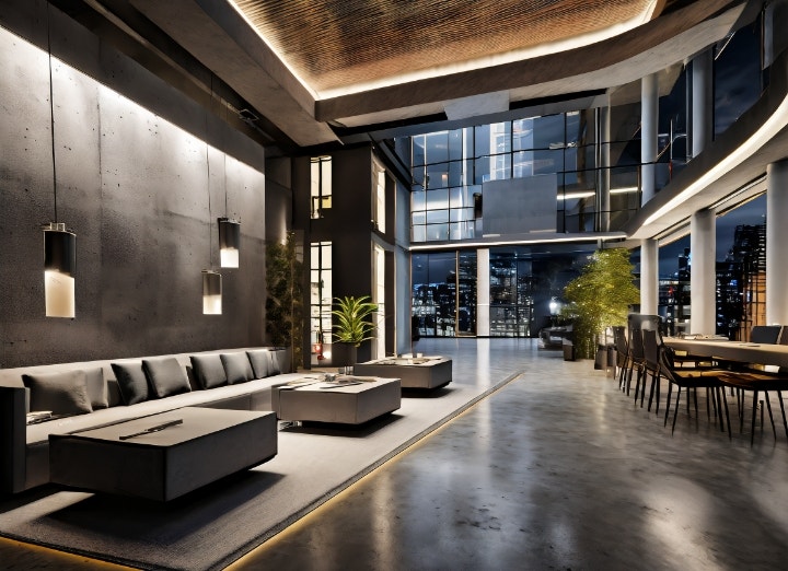 the interior of a sleek urban loft in the heart of a metropolitan city