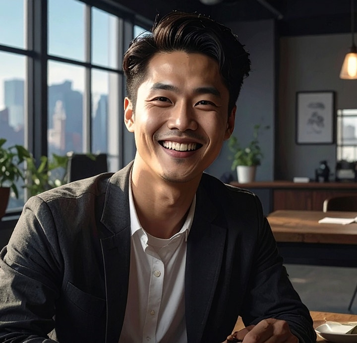 使用 Firefly AI 人臉產生器製作的 AI 生成影像，呈現一位微笑的男士在辦公室內，背景可見城市景觀。