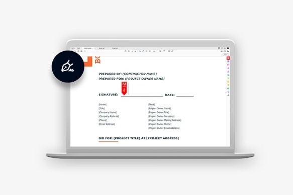 A mock-up of a construction bid on a laptop with Acrobat Sign icon overlaid