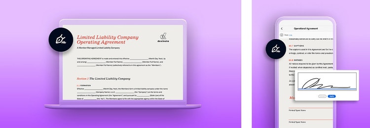 A graphic of an LLC operating agreement on a laptop next to a graphic of an LLC operating agreement being signed on a mobile phone using Adobe Sign