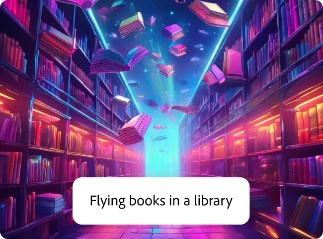 Згенероване в Adobe Express зображення книжок, що літають у бібліотеці