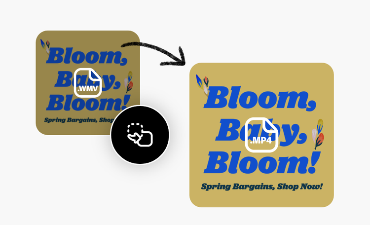 Duplicated still frame of a video with a beige background, 'bloom, baby, bloom' text in blue, and icons for .wmv, .mp4, and format conversion.