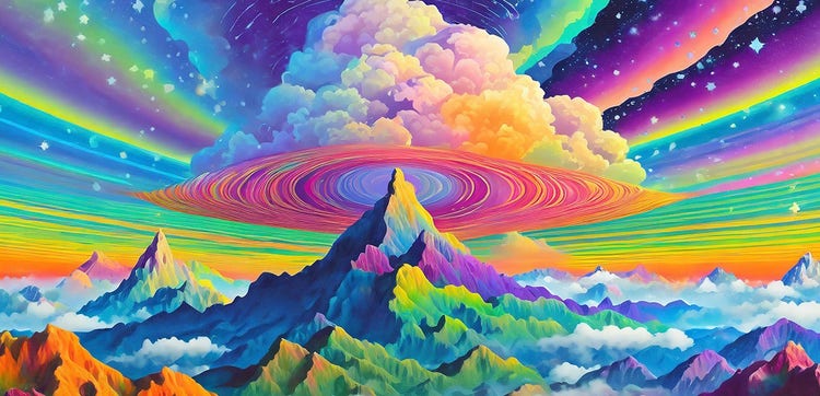 Firefly generated art of abstarct mountains and rainbow clouds