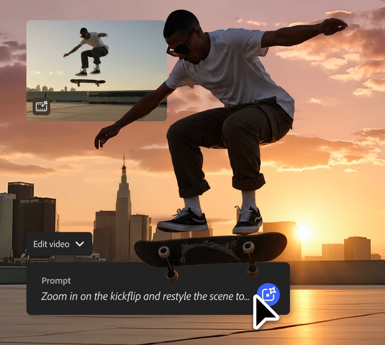 https://main--da-cc--adobecom.aem.page/cc-shared/assets/firefly/video/video-to-video/media_124cccc0887fdc8d90ad9670219764be4ed7926d8.mp4#_autoplay | Скейтбордист виконує трюк на даху будівлі на заході сонця, а сцена перетворюється на видовищний міський пейзаж у золоту годину з теплішим освітленням, насиченішими кольорами й більш кінематографічною атмосферою.