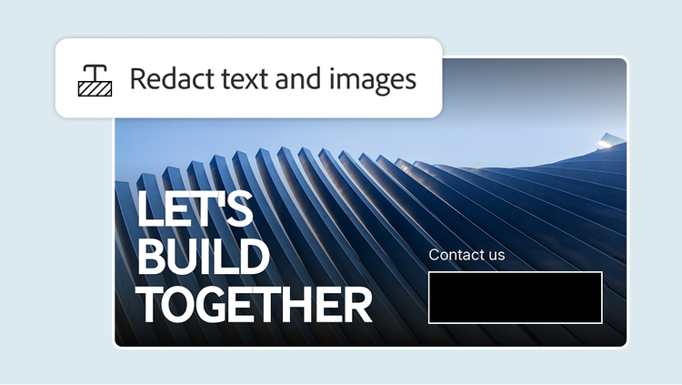 Redact text and images tool over a "Let's build together" contact slide with the contact details blacked out