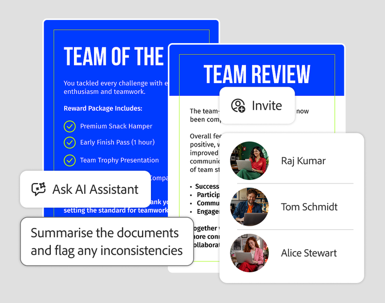 Invite panel listing colleagues beside team reward and review documents, with an AI Assistant prompt to flag inconsistencies