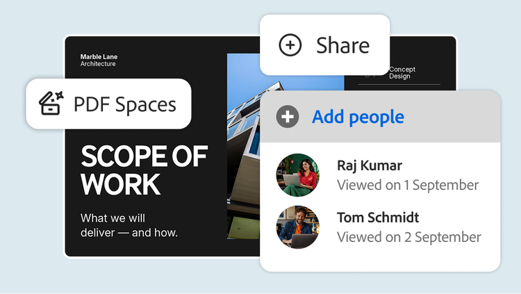 PDF Spaces sharing panel showing two colleagues who have viewed a "Scope of Work" presentation