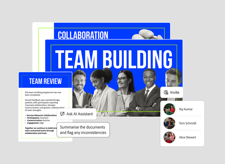 AI Assistant prompt to summarise documents and flag inconsistencies, over team-building slides and an Invite colleagues panel