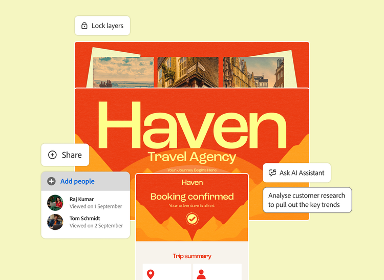 AI Assistant prompt to analyse customer research, with Share and Lock layers tools, over travel agency slides