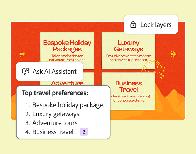 AI Assistant ranking top travel preferences from a slide of four holiday and business travel offers, with Lock layers
