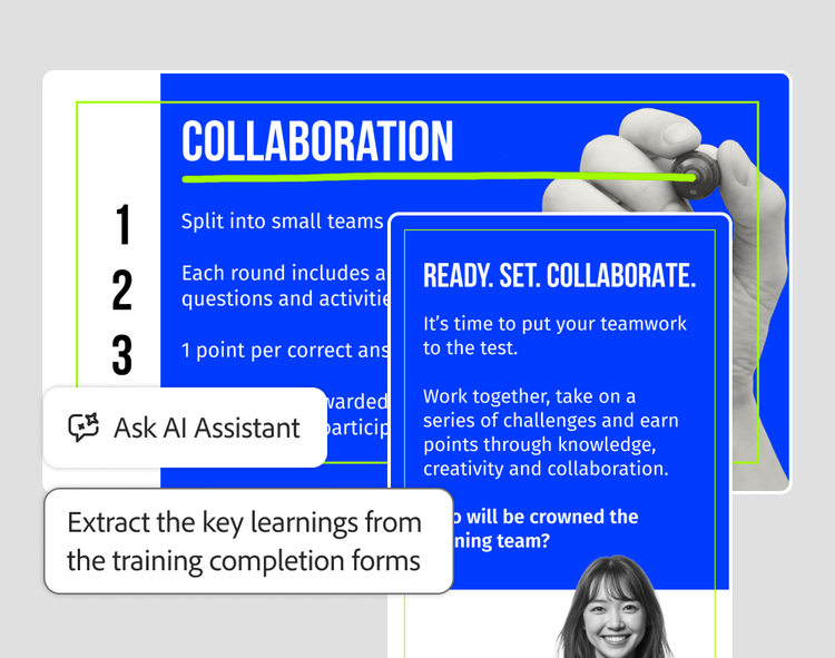 Ask AI Assistant prompt to extract key learnings from training completion forms, over a team collaboration activity slide