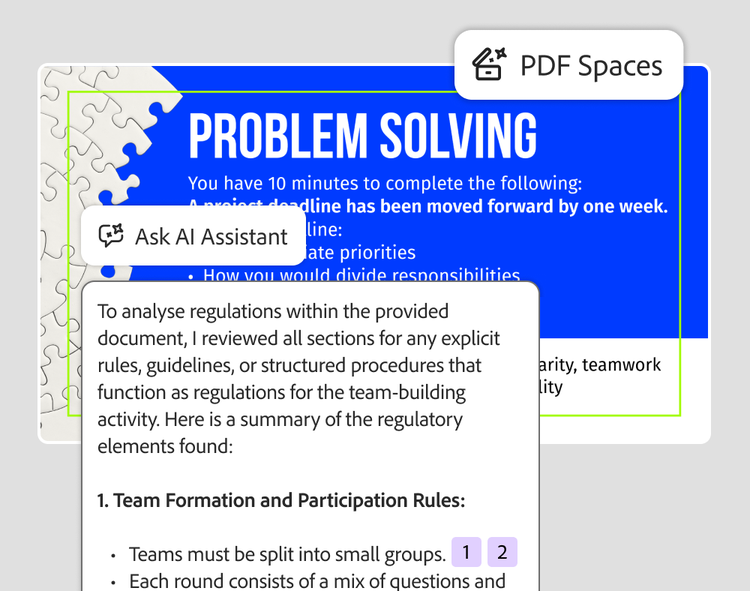 AI Assistant summary of the rules in a Problem Solving slide, with numbered source citations, in PDF Spaces