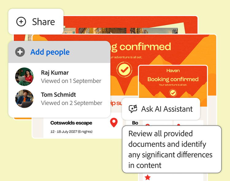 AI Assistant prompt to identify differences across documents, with a Share panel, over travel booking confirmations