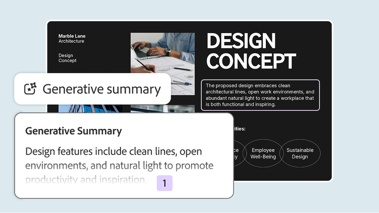 Generative summary condensing an architecture "Design Concept" slide into a single sentence