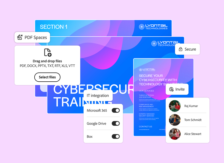 PDF Spaces upload and Microsoft 365, Google Drive and Box integration toggles over cybersecurity training slides