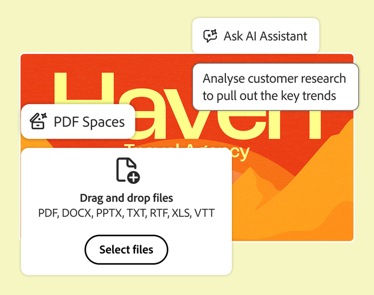 PDF Spaces file upload and an AI Assistant prompt to analyse customer research, over a travel agency slide