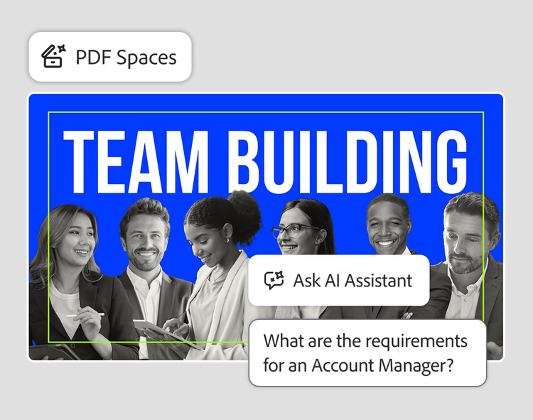 PDF Spaces with an Ask AI Assistant question about requirements for an Account Manager, over a Team Building slide