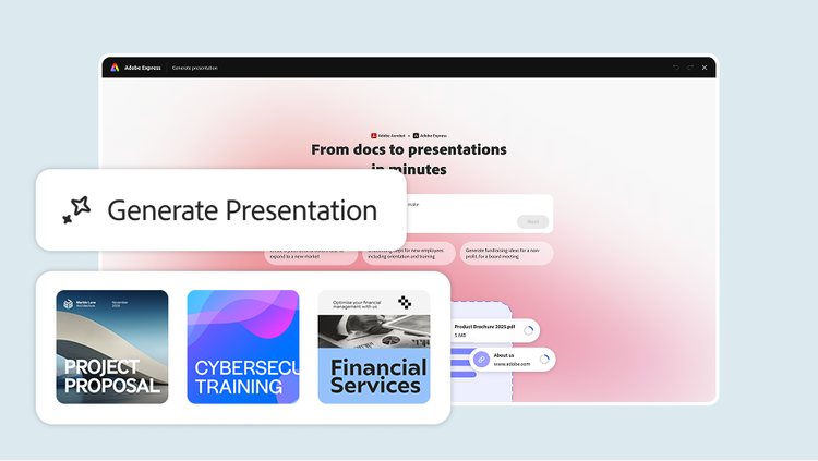Generate Presentation prompt turning documents into slides, with Financial Services and other template thumbnails