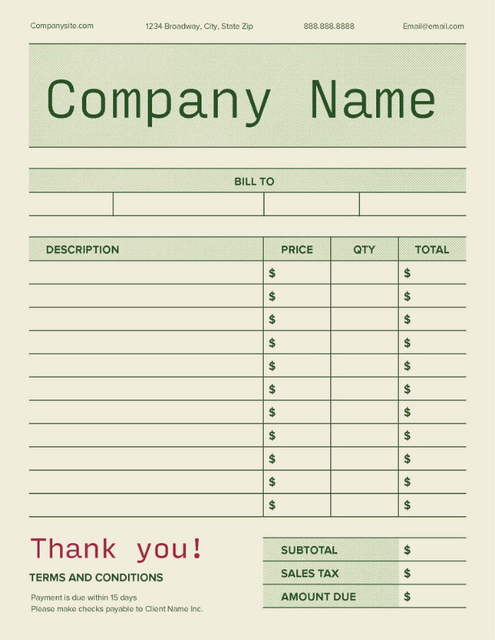 Screenshot of a receipt template