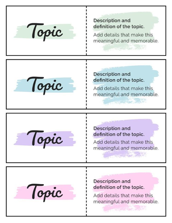 A template for taking notes using the sentence method. Includes four different topics and placeholder text for sentences corresponding to each topic.