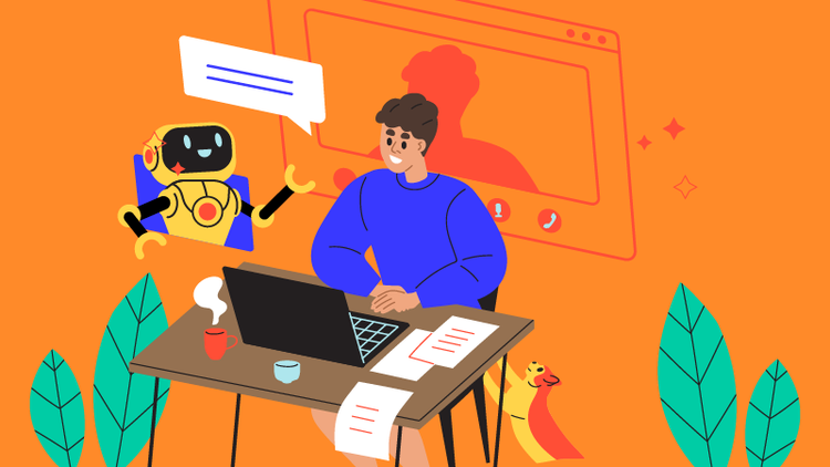 A man sitting at a desk uses the STAR method to practice for interviews with AI on his laptop.
