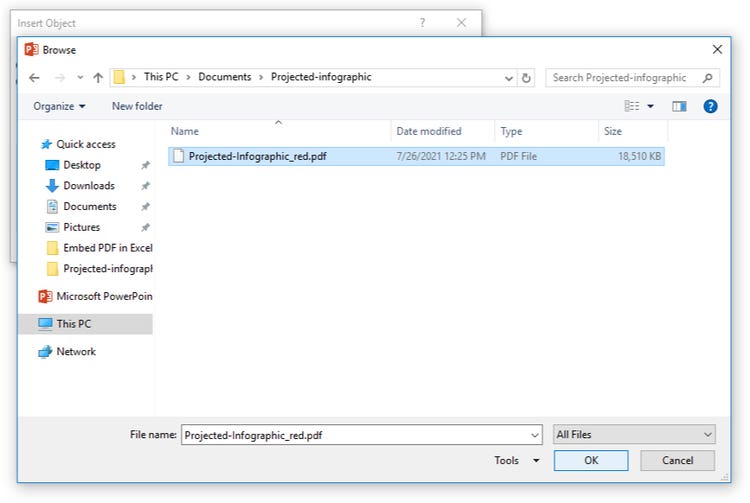 A screenshot of a dialogue box showing a PDF file name. The ‘OK’ button is highlighted blue.
