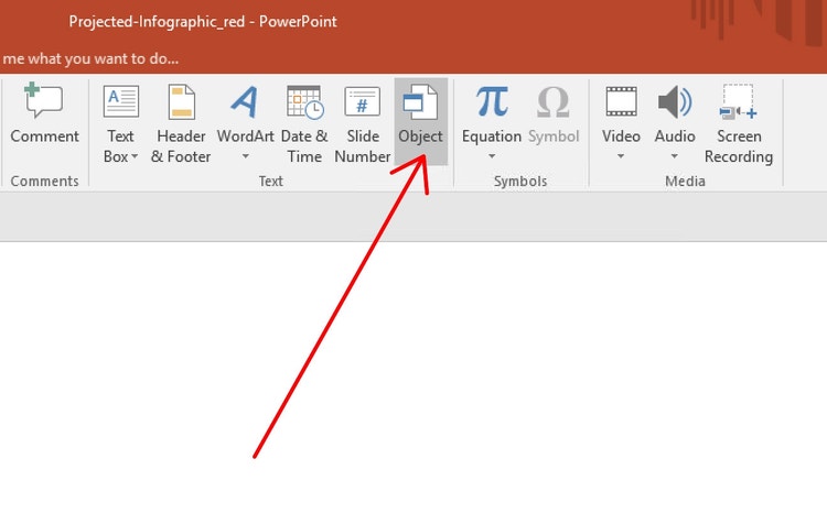 A screenshot of a PowerPoint presentation slide. A red arrow points to the Object button in the ribbon.