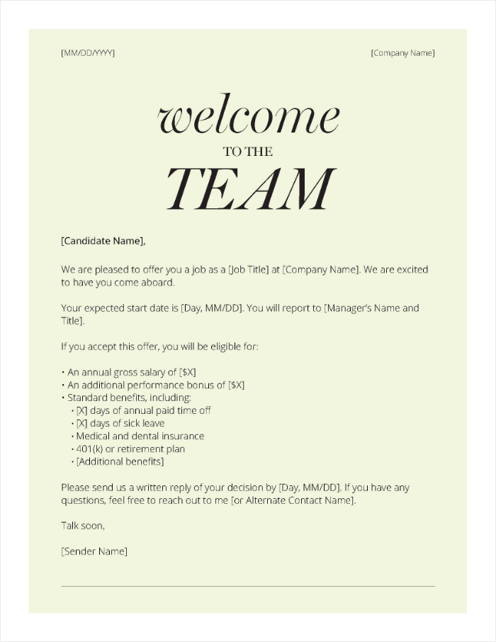 A screenshot of a free downloadable casual offer letter template.