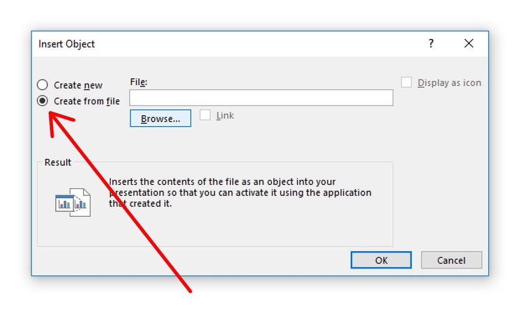 A screenshot of a dialogue box. A red arrow points to a “Create from file” button to the left.